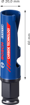 Blå Bosch Expert hålsåg, 20 mm diameter, 60 mm längd, med karbidteknik.