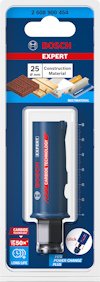 Förpackning med Bosch Expert sågblad för byggmaterial, 25 mm, med text: "Carbide Technology", "Multimaterial", "Power Change Plus".
