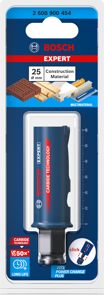 Förpackning med Bosch Expert sågblad för byggmaterial, 25 mm, med text: "Carbide Technology", "Multimaterial", "Power Change Plus".
