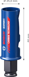 Blått Bosch hålsågsblad (Ø 25,0 mm, 60 mm) med texten "Carbide Technology".