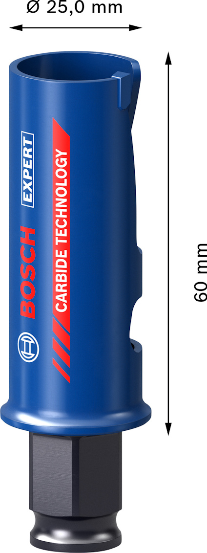 Blått Bosch hålsågsblad (Ø 25,0 mm, 60 mm) med texten "Carbide Technology".