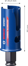 Blått Bosch hålsågverktyg, 35 mm diameter och 60 mm höjd, med textspecificering: "Carbide Technology".