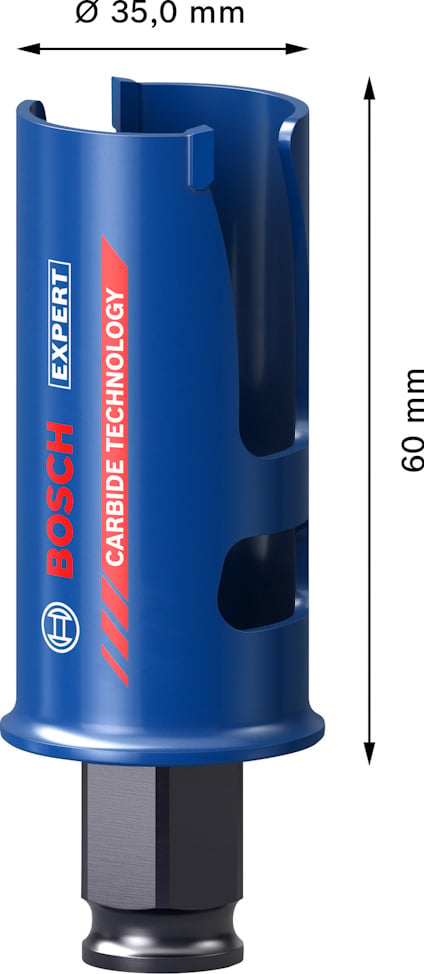 Blått Bosch hålsågverktyg, 35 mm diameter och 60 mm höjd, med textspecificering: "Carbide Technology".