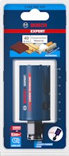 Förpackning med Bosch Expert hålsåg, 40 mm för olika byggmaterial, inklusive logotyp och produktinformation.