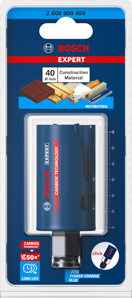 Förpackning med Bosch Expert hålsåg, 40 mm för olika byggmaterial, inklusive logotyp och produktinformation.