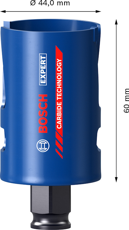 Blå hålsåg från Bosch, 60 mm lång, 44,0 mm i diameter, med inskriptionen "Carbide Technology".