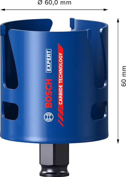 Blå Bosch hårdmetallhålsåg med Expert-märke, 60 mm diameter och längd.