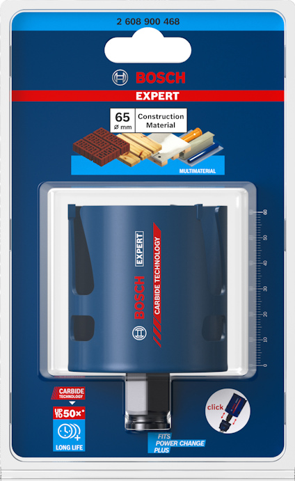 Förpackning med Bosch Expert hålsåg för byggmaterial, 65 mm, med text om "Carbide Technology" och bild av kompatibelt fäste.