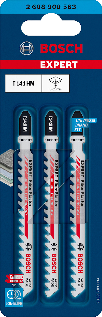 Tre sticksågblad Bosch Expert T 141 HM för hårda material, i förpackning med blå och röd etikett.