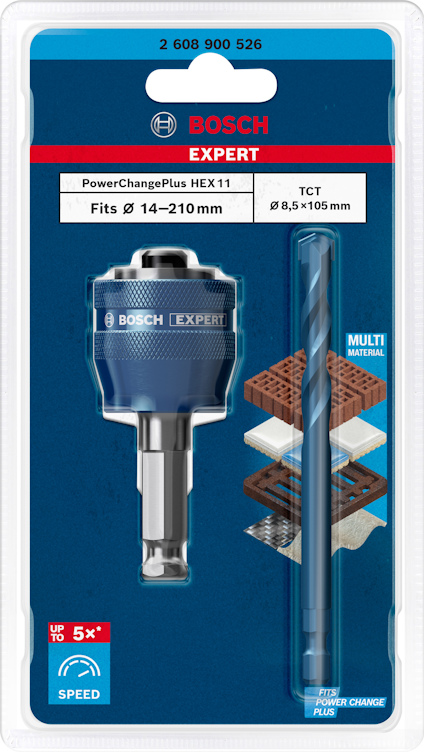 Förpackning av Bosch Expert PowerChangePlus HEX11 för hålsågar, passande 14–210 mm, TCT 8,5x105 mm.
