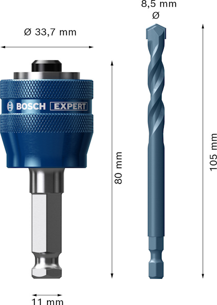 Borr och hållare med dimensioner, märkta "Bosch Expert", diameter 8,5 mm och 33,7 mm, längd 80 mm och 105 mm.