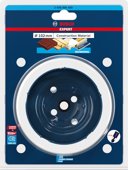 Förpackning med Bosch Expert sågkrona, 102 mm, för byggmaterial.