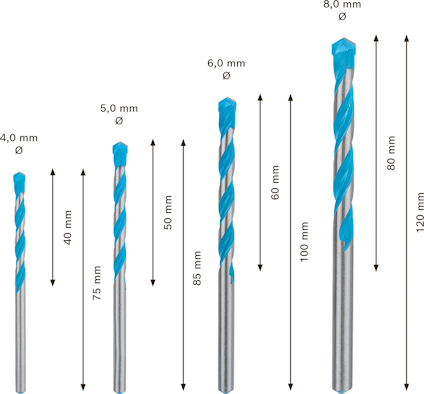 Borrset i fem olika storlekar: 4 mm, 5 mm, 6 mm, 8 mm diameter; längder 40 mm, 75 mm, 85 mm, 100 mm, 120 mm.