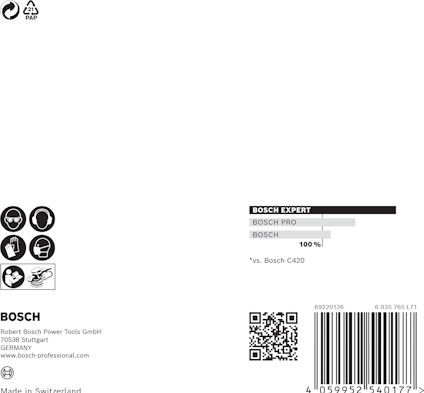 Förpackning med Bosch slippapper, text och logotyper, streckkod, QR-kod, och kontaktinformation.