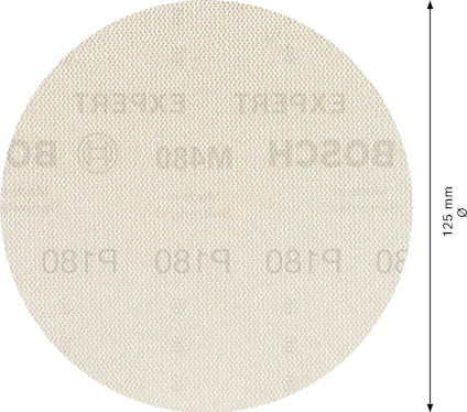 Sandpapper i cirkelformat med Bosch-logotyp och 125 mm diametermarkering.
