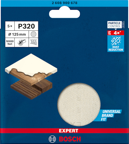 Blå förpackning av slipmedel, P320, 5x, 125 mm för trä, färg, lack. Bosch Expert med dammreduktion upp till 4x.