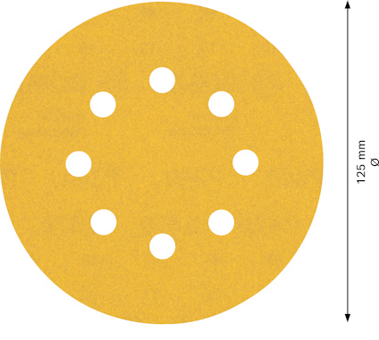 Rund sandpappersskiva med nio hål, 125 mm i diameter.