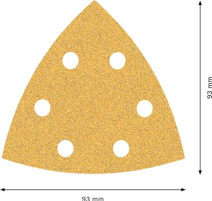 Triangulärt sandpapper med sex hål, dimensioner 93 mm x 93 mm.
