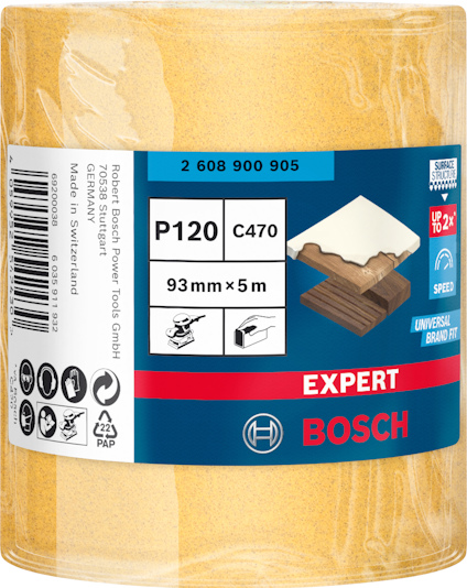 Sandpapper Bosch Expert, P120, 93mm x 5m, C470, för trä & metall.