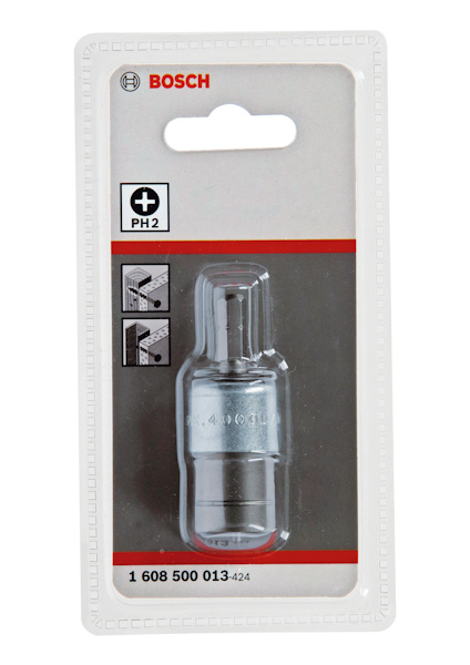 Förpackning med Bosch bitshylsa PH2, nummer 1 608 500 013-424, i plastförpackning.