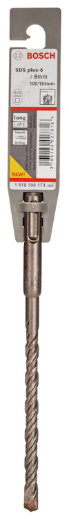 Borrspets i stål med spiralform och Bosch-förpackning. Text: "SDS-plus-5, 7x30x165mm, Made in Germany".