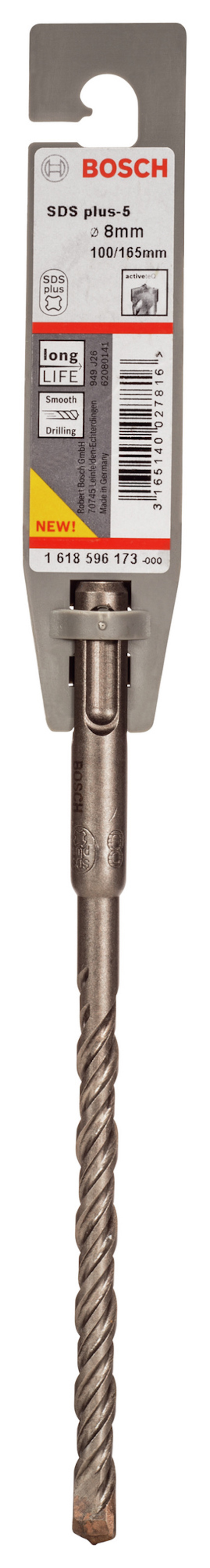 Borrspets i stål med spiralform och Bosch-förpackning. Text: "SDS-plus-5, 7x30x165mm, Made in Germany".