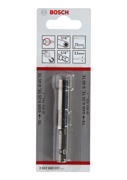 Förpackning med en Bosch borrchuck, 1/4", längd 75 mm, 11 mm max.