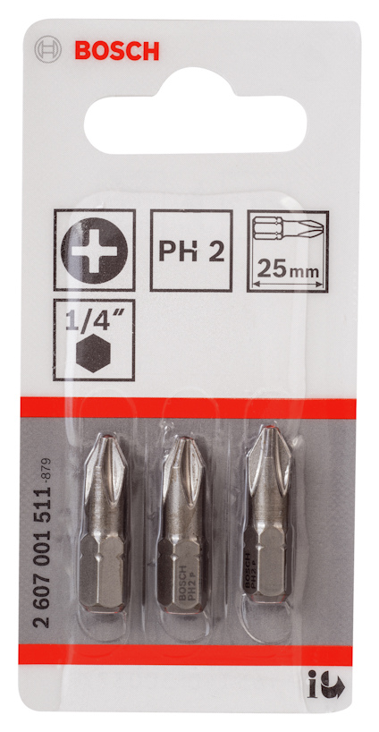 Förpackning med tre Bosch skruvbits PH2, 25 mm, 1/4" infästning.