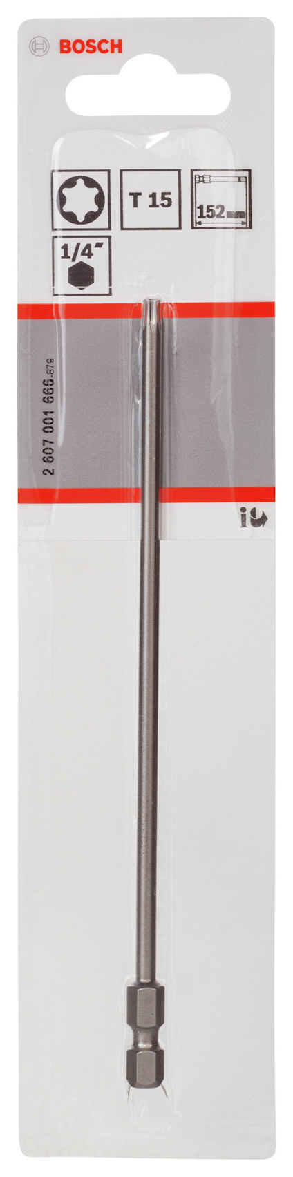 Förpackning med T15 torxskruvmejselbits från Bosch, 15,2 cm lång, 1/4 tum snabbkopplingsskaft.