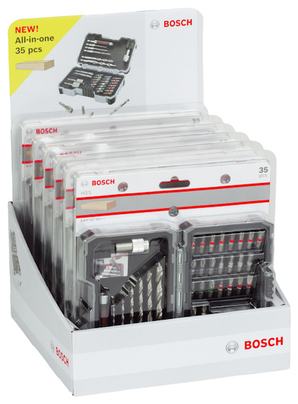 En uppsättning av Bosch borrar och bits, 35 delar i förpackning, uppställd i en displaykartong.