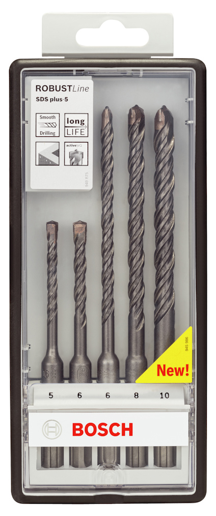 Förpackning med Bosch RobustLine borrset, storlekar 5-10 mm.