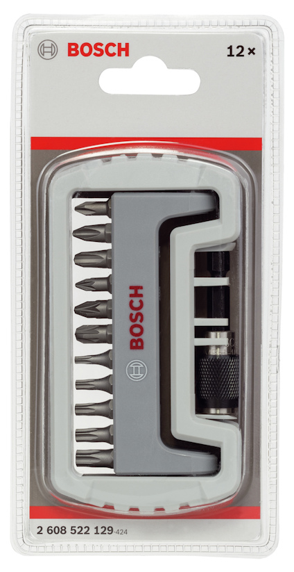 Bosch borrbitsats i genomskinlig förpackning med 12 bitar och ett handtag. Artikelnr: 2 608 522 129.