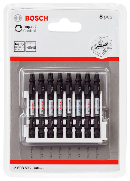 Förpackning med 8 st Bosch Impact Control bits, märkta T25, med illustration och texter på framsidan.