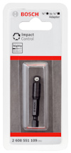 Förpackning med Bosch Impact Control adapter 1/4" till 1/4", hård och robust. Artikelnummer 2 608 551 109.