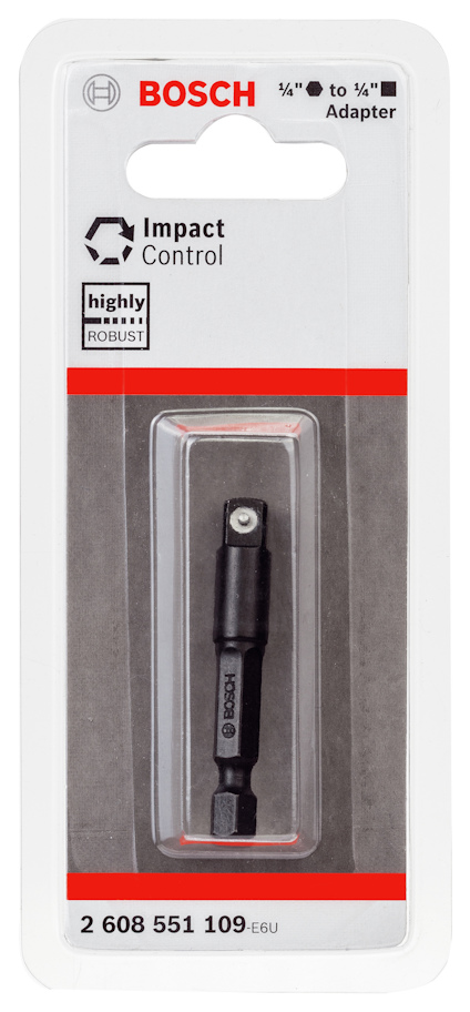 Förpackning med Bosch Impact Control adapter 1/4" till 1/4", hård och robust. Artikelnummer 2 608 551 109.