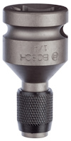 Bitsadapter med grå metallisk yta och texten "BOSCH" samt "1/4", har en svart ribbad del i nederkanten.