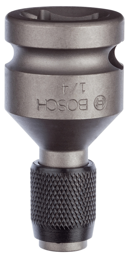 Bitsadapter med grå metallisk yta och texten "BOSCH" samt "1/4", har en svart ribbad del i nederkanten.