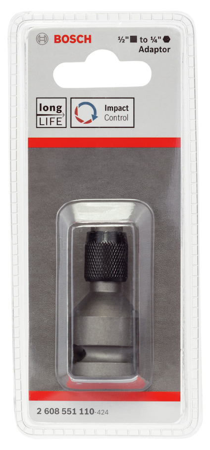Adapterverktyg från Bosch i förpackning med etikett "1/2'' to 1/4'' Adaptor" och "long LIFE Impact Control".