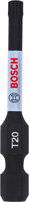 Skruvbits med text "T20" och "BOSCH" på en svart och vit bakgrund.
