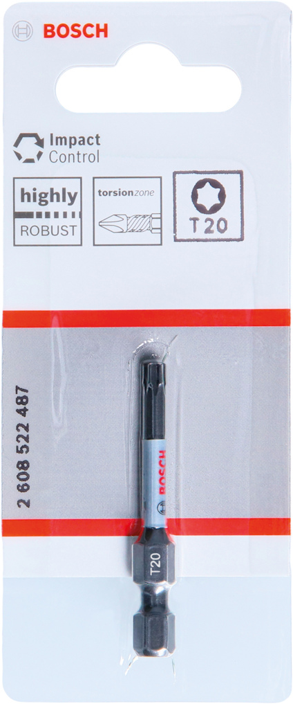 Förpackning med Bosch T20 bits för slagskruvdragare, text: "Impact Control, highly robust".