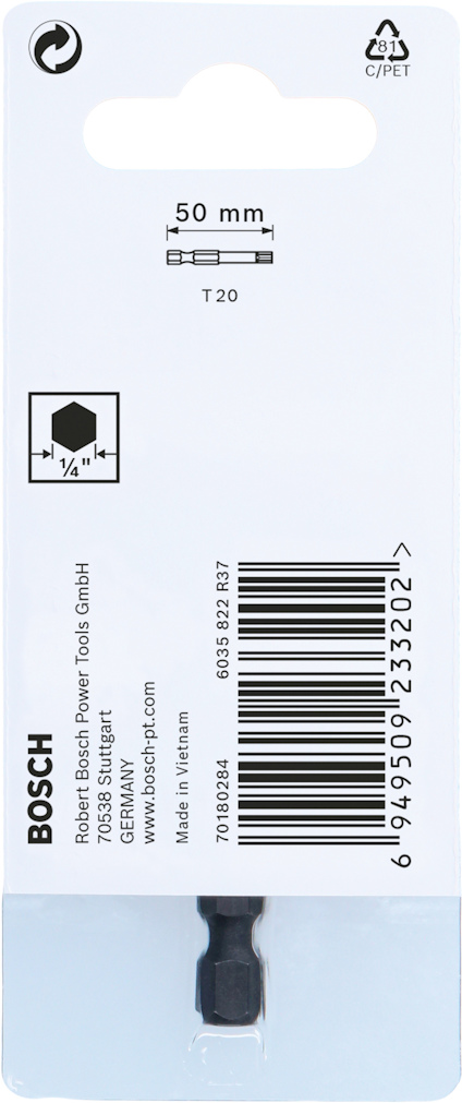 Förpackning med Bosch T20 bits 50 mm. Text: "680579 2 8267", "24/07/18", "7108984944". Streckkod: "6949509232302".