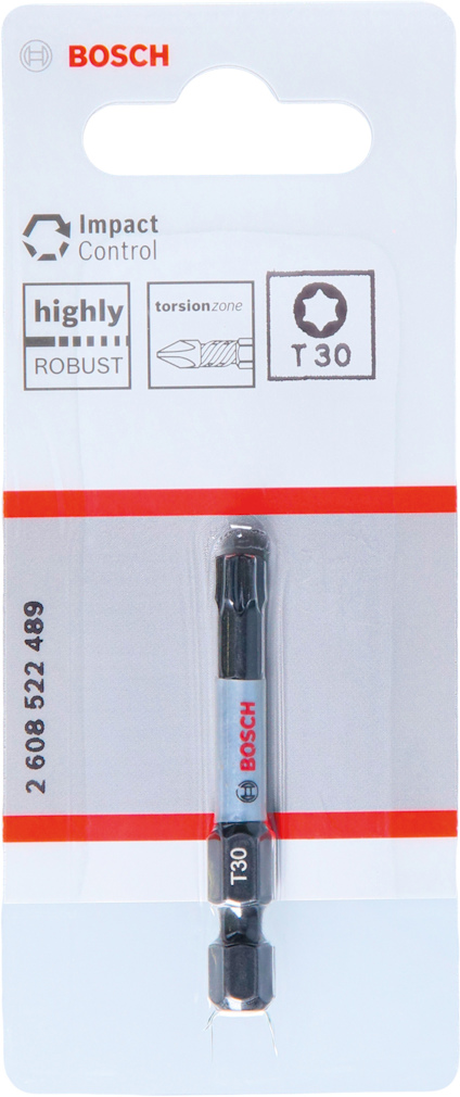 Förpackning med Bosch T30 bits, Impact Control, text: "highly robust", produktnummer 2 608 522 489.