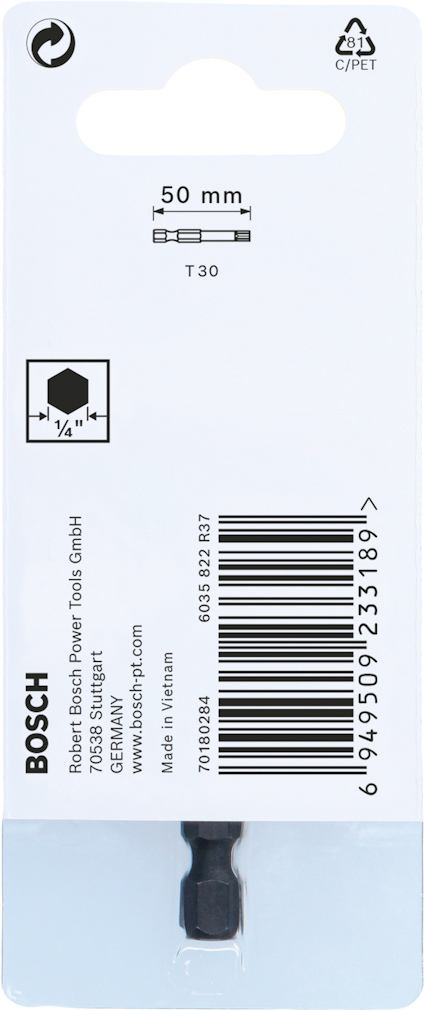 Förpackning av Bosch bits T30, 50 mm, med streckkod och produktinformation.