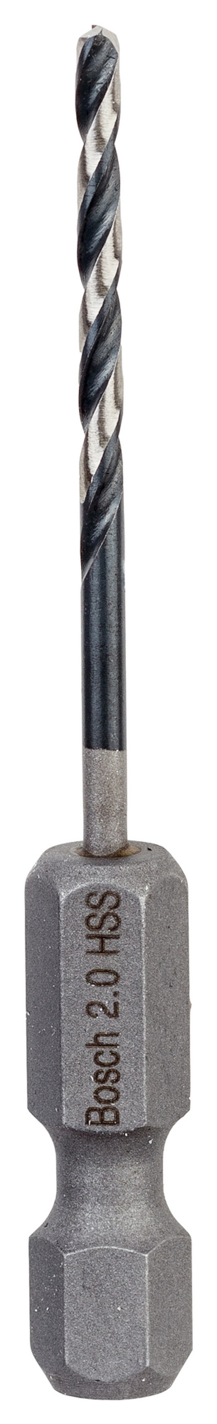 Metallborr med vridna skär och märkningen "Bosch 2.0 HSS" på skaftet.