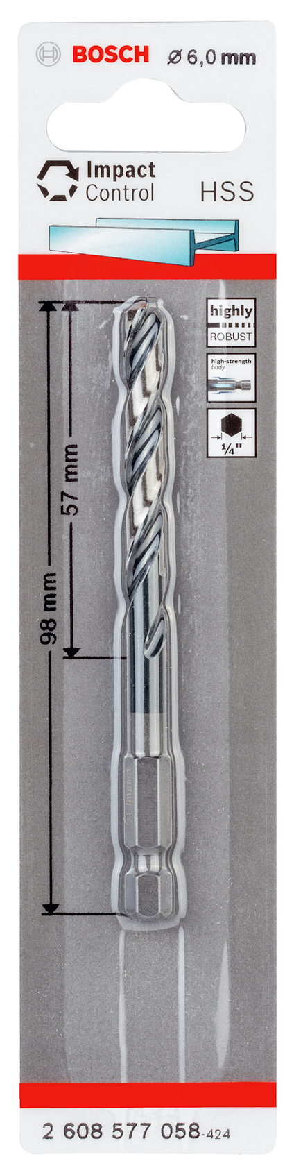 Förpackad borrbits från Bosch, HSS, Ø 6,0 mm, längd 98 mm, 57 mm arbetande del.