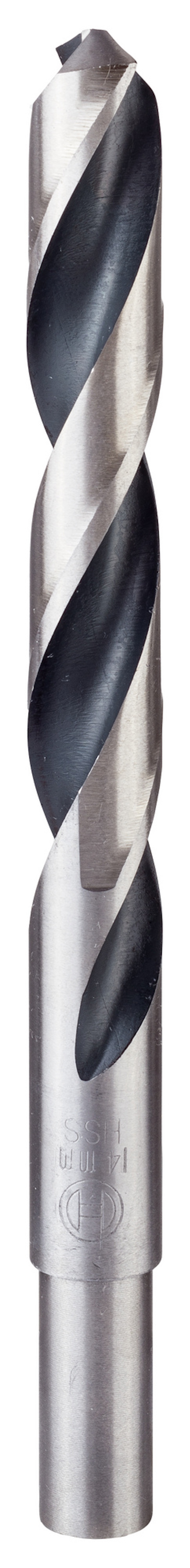 Metallborr med spiralmönster och spetsig ände, silverfärgad med svarta detaljer.