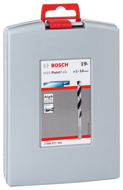 Borrsats i grå förpackning med rött handtag, Bosch HSS PointTeQ, storlekar #1-10 mm.