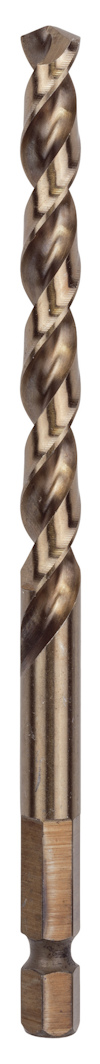 Spiralborr med sexkantsfäste och spiralformad skärkant i metalliskt material.