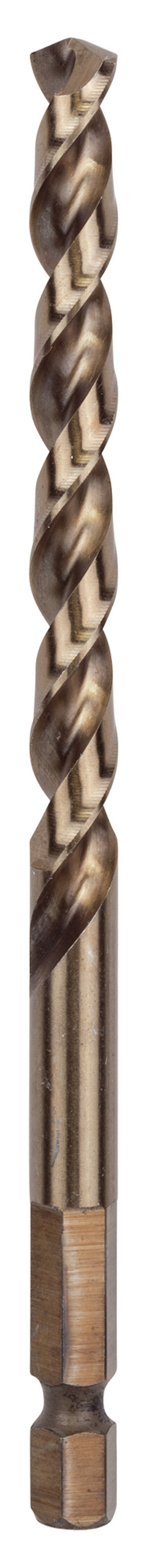 Spiralborr med sexkantsfäste och spiralformad skärkant i metalliskt material.