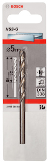 Borr från Bosch, HSS-G, 5 mm, med förpackningsinformation och instruktioner.